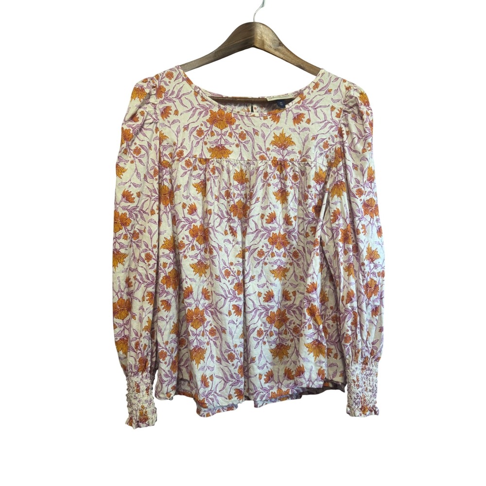 Universal Thread Blouse Womens XXL Orange Floral Excellent Boho Smocked Cuff